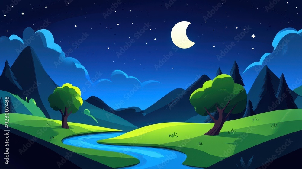 Poster Whimsical fantasy scene with a serene river, lush trees, and a glowing moon, perfect for childrens storytelling.