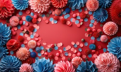 patriotic decorations on a red background for usa national holidays flat lay composition with paper fans fireworks rockets party streamers happy 4th of july independence day banner template.