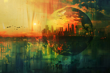 未来都市と自然の融合：ダイナミックな視点で描かれた近未来都市の風景