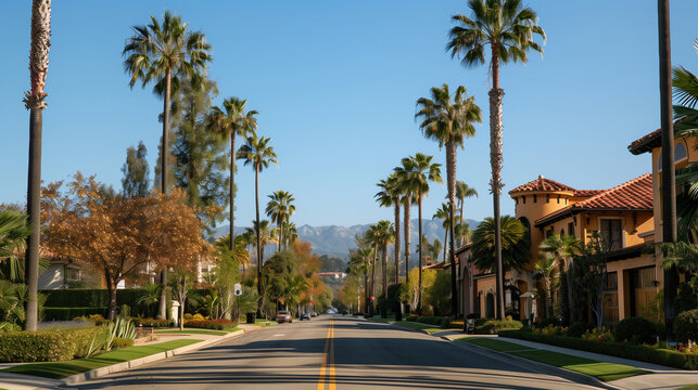 Luxurious rich neighborhood street of California Santa Ana, sides lined with palm trees on a sunny afternoon.