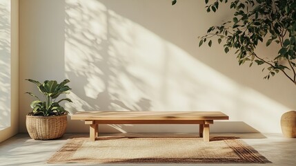 Minimalist Interior Design Poster: Embrace Natural Light with a Low Wooden Table, Textured Area Rug, and Vibrant Green Plants for a Refreshing Home Aesthetic