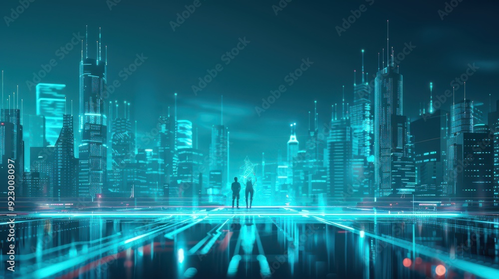 Poster show a futuristic cityscape with two holographic figures representing individuals in a conflict, eac