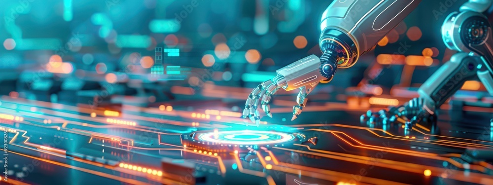 Poster futuristic visualization of automation systems enhancing connectivity, featuring robotic arms and au