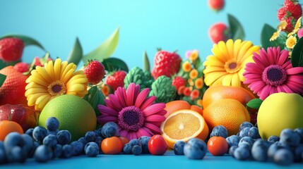 Vivid 3D illustration of vibrant fruits, fresh veggies, and colorful flowers for a clean and elegant design