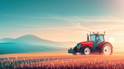 GPS farming, tractor using satellite navigation, flat design illustration