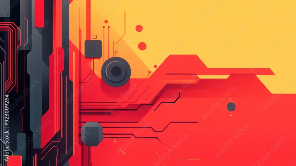Poster explore a vibrant tech world with colorful circuits and microchips, blending modern design and playf