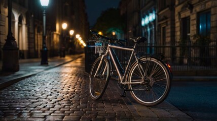 Bicycle parked at night