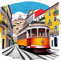 Lisbon hilly cityscape with trams. White background. Vivid. No shading. Detailed. Thick black outline. Colorful.