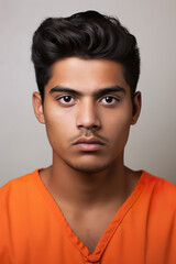 Obraz premium Prison mugshot of young Indian man in orange jumpsuit