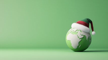 globe wearing a Santa hat on a festive banner, symbolizing global unity and holiday cheer. The...