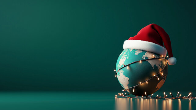 globe wearing a Santa hat on a festive banner, symbolizing global unity and holiday cheer. The design blends the warmth of the Christmas season with a joyful