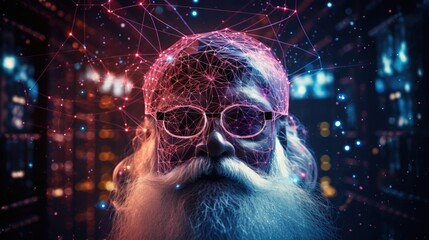 Christmas Santa Claus in new year close-up, dark abstract space background. AI generated.