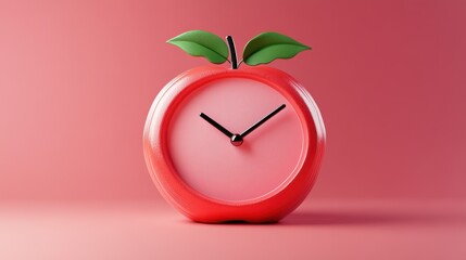 Creative apple-shaped clock on pink background A creative clock shaped like an apple with green leaves, set against a pink background, blending fruit and time concepts