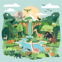 Illustration of various wild animals gathered around a scenic waterfall in a lush jungle at sunset.
