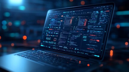 Laptop displaying complex programming code in dark room