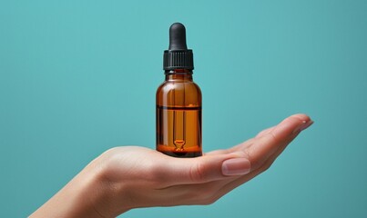 amber dropper bottle in hand against turquoise backdrop ideal for beauty,wellness product imagery generative ai.