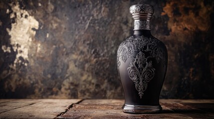 Ornate black bottle with silver details on wooden surface.
