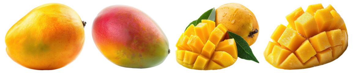 Obraz premium Close-up View of Whole and Sliced Mangoes Displaying Bright Yellow Flesh and Cubes.