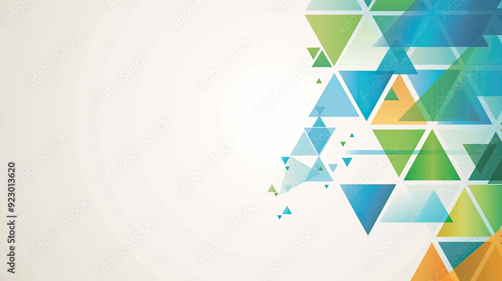 Wall mural a simple vector graphic background with blue, green and orange triangles in the bottom right corner 