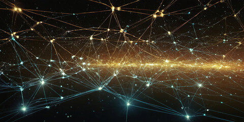 Abstract glowing network pattern on dark background.