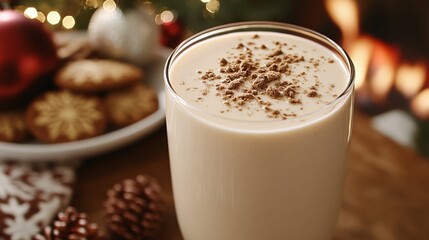 Classic Eggnog with Whipped Cream and Cinnamon in a Festive Setting