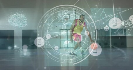 Digital data and DNA strand animation over basketball player dribbling in gym - Powered by Adobe