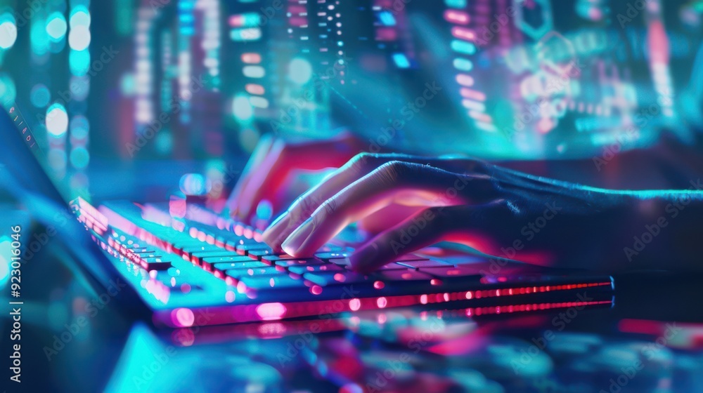 Poster hacker typing code with digital alerts flashing, cyber attacks, security software