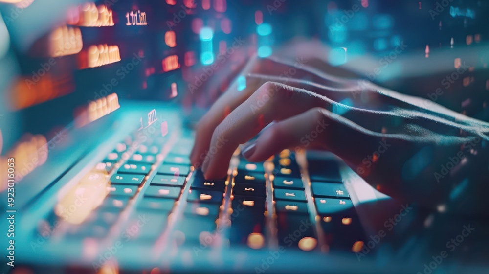 Poster hands typing on a keyboard with digital encryption symbols, encryption, secure data storage