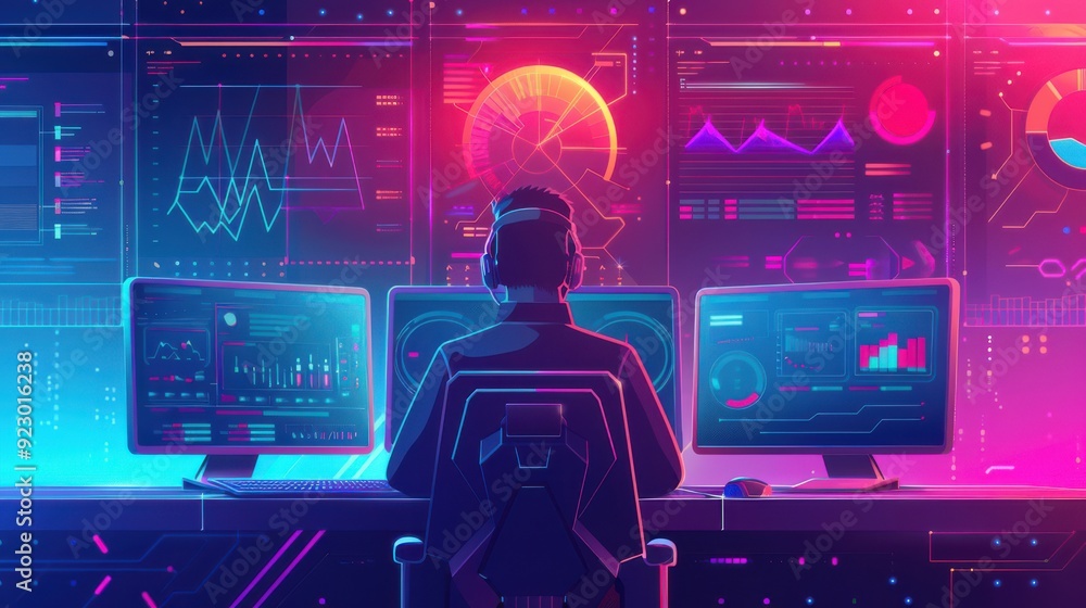 Poster high-tech office scene with an analyst using dashboards for kpis, sharp details, futuristic, vector 