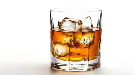 Glass of scotch whiskey and ice on a white background