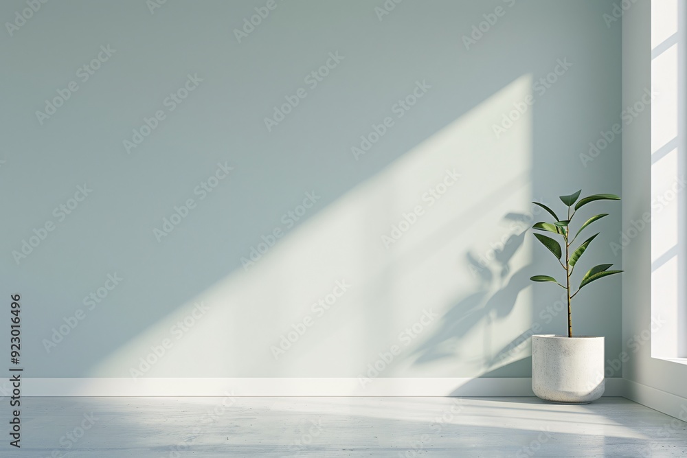 Poster a tranquil 3d-rendered room with muted colors and simple decor, ideal for adding text or design elem
