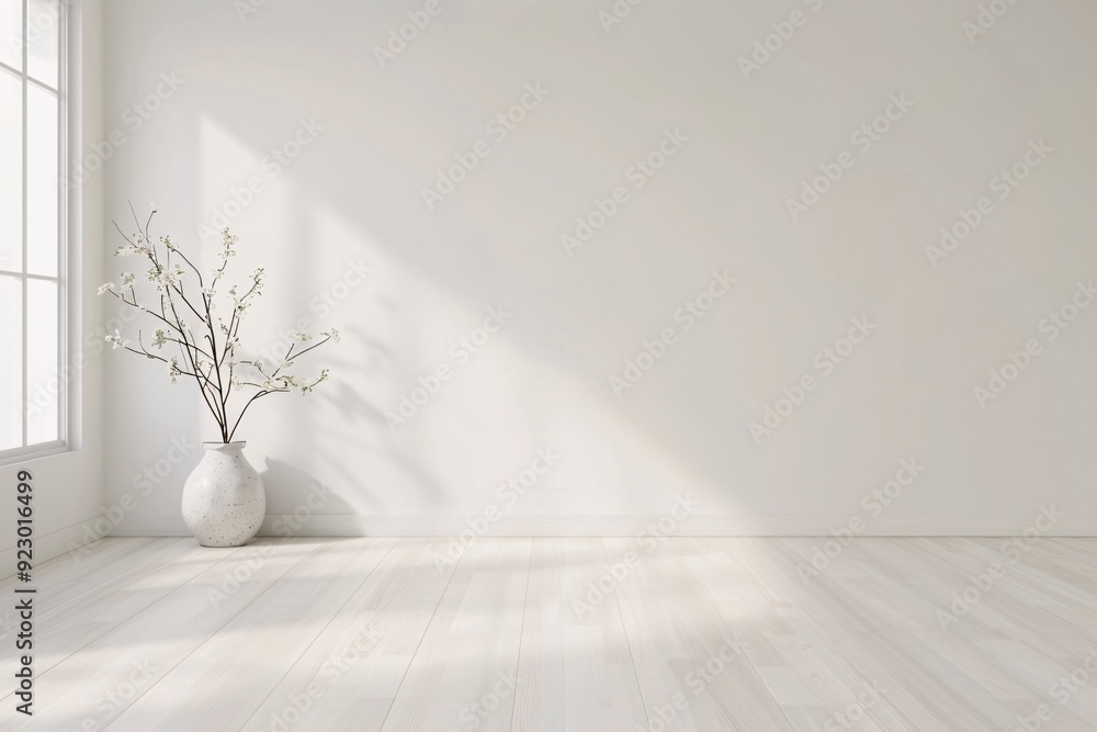 Poster a tranquil 3d-rendered room with muted colors and simple decor, ideal for adding text or design elem
