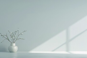 A tranquil 3D-rendered room with muted colors and simple decor, ideal for adding text or design elements in the ample copy space