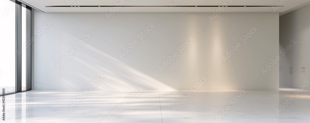 Poster a large, open 3d room with clean lines and a modern aesthetic, featuring significant copy space for 