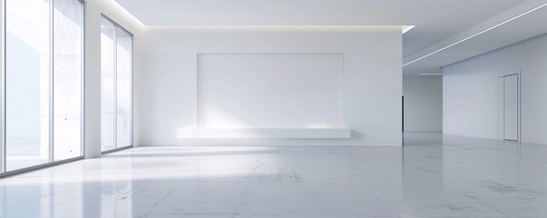 A large, open 3D room with clean lines and a modern aesthetic, featuring significant copy space for text or design integration