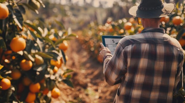 A farmer in a hat and plaid shirt uses a tablet in an orange orchard, possibly managing crop data or researching agricultural techniques.