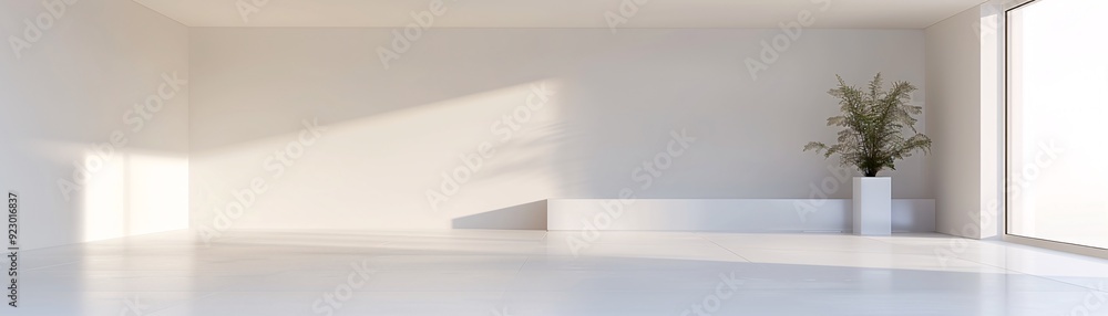 Poster an open, airy 3d room with a sleek design and neutral color palette, perfect for adding copy space f