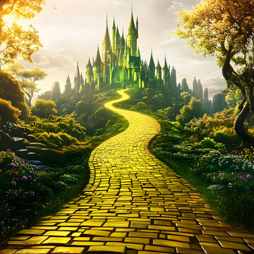 enchanted yellow brick road leading to magical emerald city in springtime , fantasy, oz, magicians isolated on white background, space for captions, png