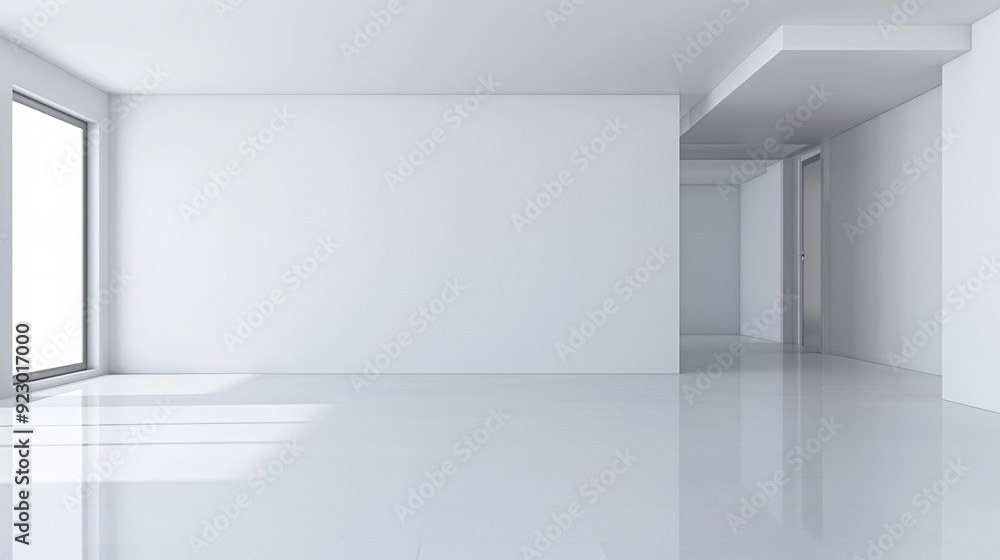 Poster a minimalist 3d-rendered room with smooth white walls and a polished floor, featuring abundant copy 