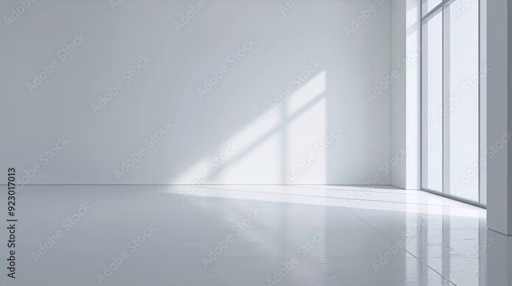 Poster a minimalist 3d-rendered room with smooth white walls and a polished floor, featuring abundant copy 