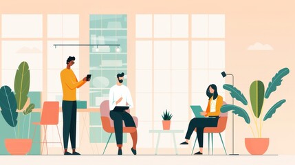 Inclusive office environment, welcoming diverse employees, flat design illustration