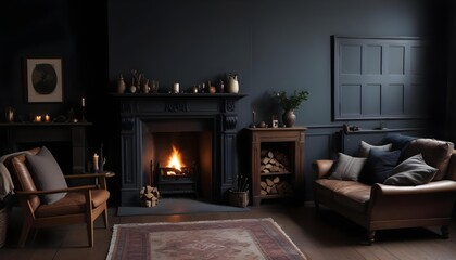 A cozy living room with a fireplace, wooden furniture, and a dark, moody atmosphere.