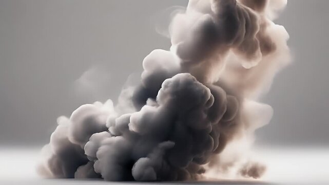  large plume of smoke rising from the bottom of the frame gray at the base and fades into a lighter gray towards the top swirling and turbulent 