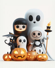 Obraz premium Cute Halloween Characters with Pumpkins and Ghosts