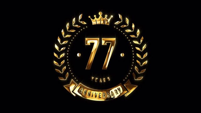 77th Anniversary Celebration. Happy 77 Years Anniversary Animation in Gold Color on the Transparent Background, Alpha Channel. Great for greetings, celebrations, events, and gifts.