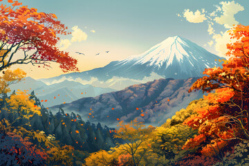 紅葉の山景：日本の秋を彩る美しい風景イラスト