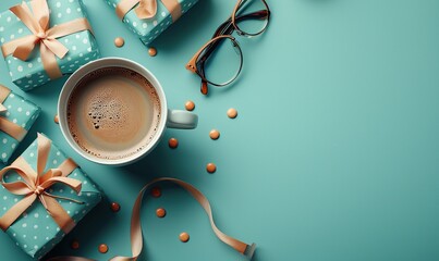 vibrant fathers day celebration concept with stylishly wrapped gifts tie eyeglasses,a cup of coffee on a striking blue background ideal for promotional materials articles about fatherrs day.