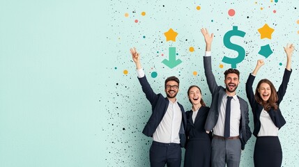 A diverse group of happy professionals celebrating success with raised hands against a colorful backdrop of dollar symbols and stars.