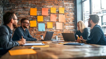 A diverse team collaborates in a modern office environment, discussing strategies with laptops and notes around a rustic table.
