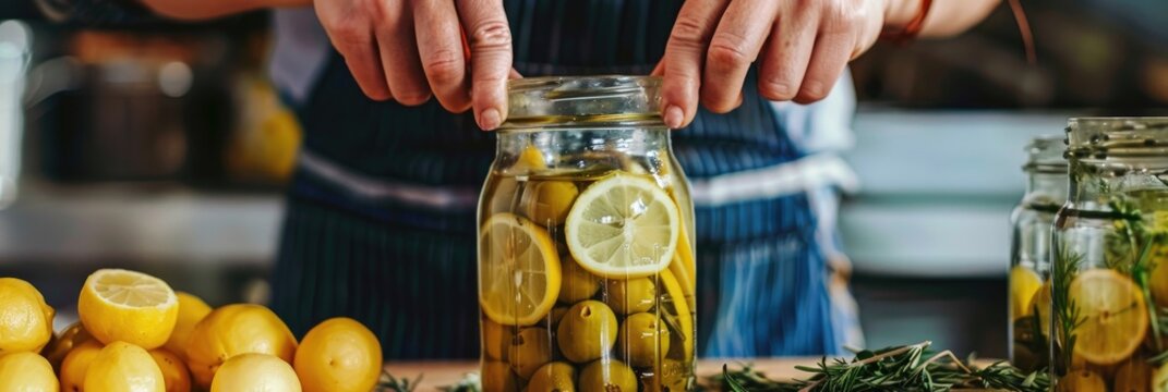 Woman preparing fermented olives with lemon wedges and fennel in a glass jar, preserving seasonal vegetables, nutritious homemade food for sustainability.